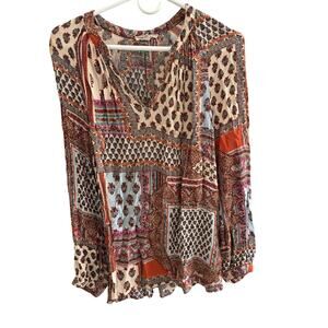 Christian Siriano Womens Blouse L Top Patchwork Flowy Boho Cottage Artsy